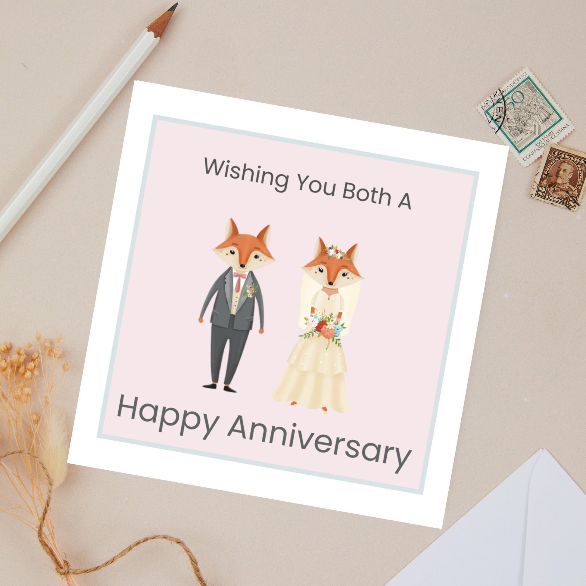 Wedding Anniversary card with a Bridal fox couple, Mr Fox dress in dark grey suit and Mrs Fox dressed as a Bride. Illustration on a beige background
