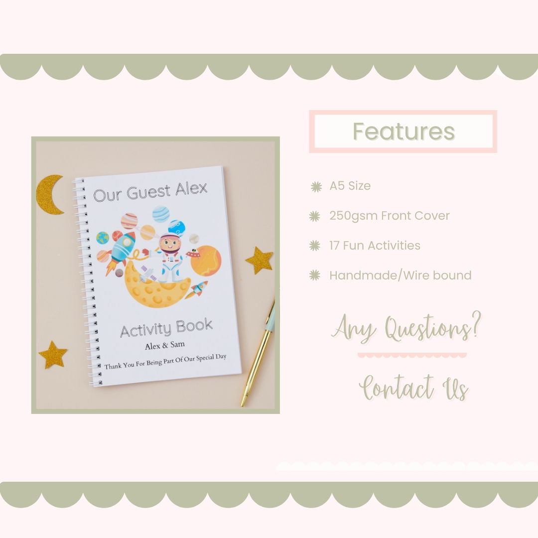 Product Features Mockup showing a Children's Wedding Activity Book Pack with an Astronaut on the cover. Features highlighted are the size of the book, how many pages , and that the book is handmade