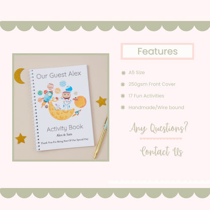 Product Features Mockup showing a Children's Wedding Activity Book Pack with an Astronaut on the cover. Features highlighted are the size of the book, how many pages , and that the book is handmade