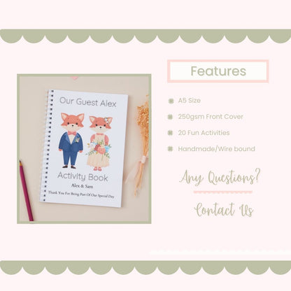 Features of Sweet Fox Pair Wedding Activity Book Pack Mockup listing that the size of the book is Children's activity book with fox illustrations on a beige background, featuring text about book features A5, it has 20 Fun Activities and is handmade.
