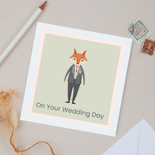 On your Wedding Day Card. This is a from me to you  Greeting card . The card features a Boy fox, dressed in a Grey Suit. The background of the card is a light green. Set against a light beige background with stationery.