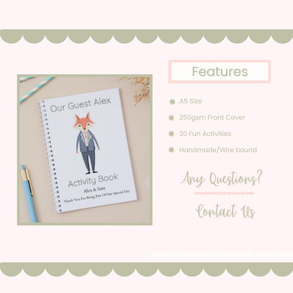 Feature mockup of Dapper Grey-Suited Fox Children's wedding activity book. Featuring text about the wedding activity books features - A5 Size, 250gsm front cover, 20 fun activities. The Mockup also has contact us with any questions text