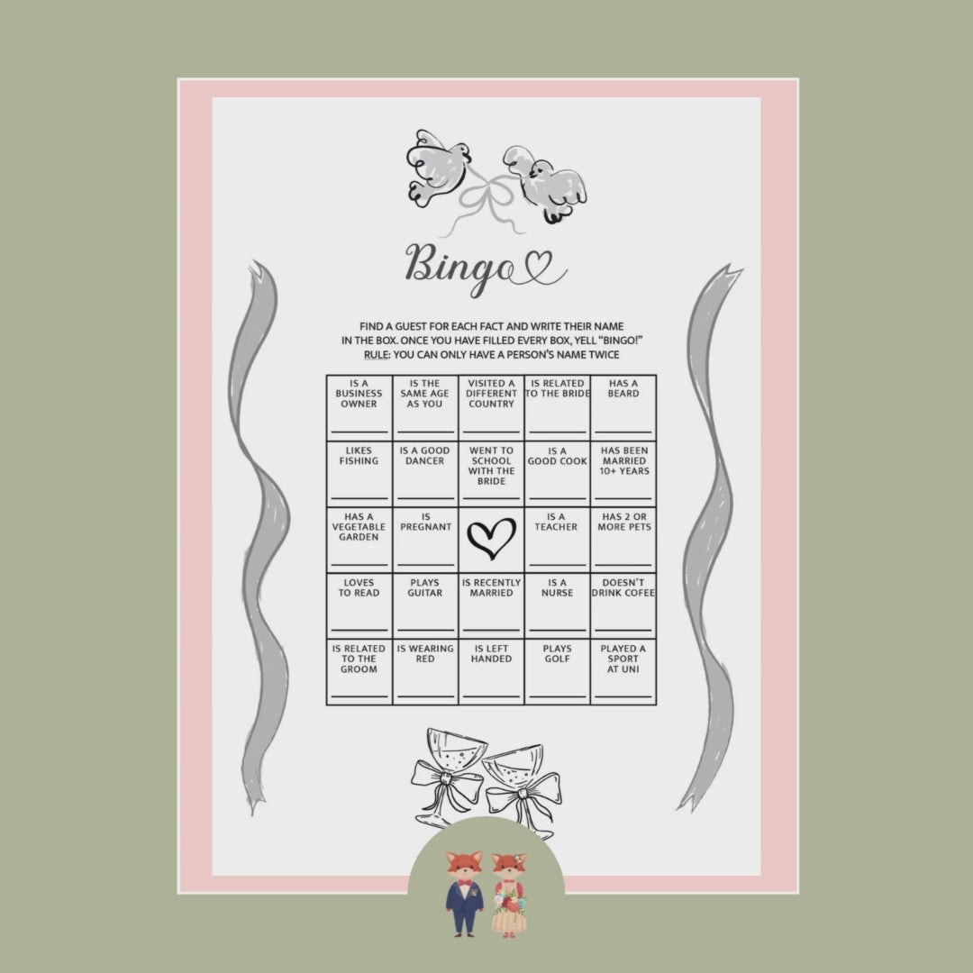 Slide show of all of the Wedding Reception Games within our Doves Collection, including Bingo, I Spy Game, Emoji Pictionary to name a few bestsellers